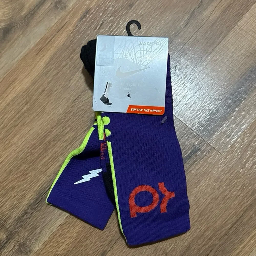 2013 Nike KD Hyper Elite Cushioned Basketball Dri-Fit Purple Green Crew Socks